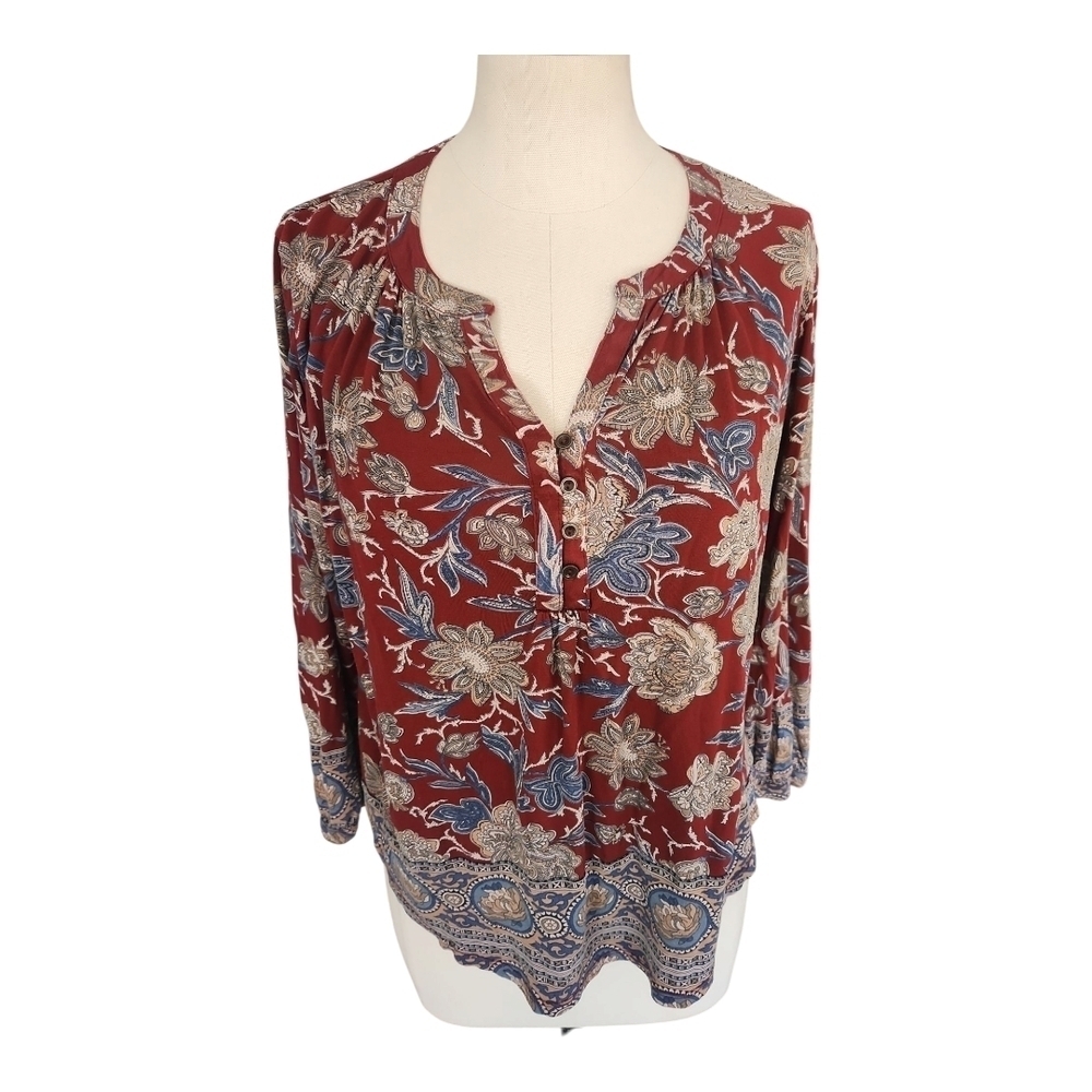 Lucky Brand Floral Henley Top Size M | High-Low Hem Long Sleeve Boho Blouse
